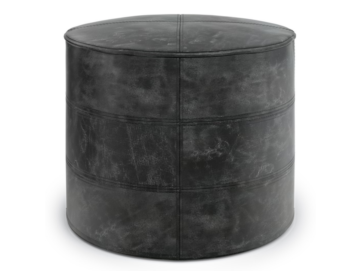 Simpli Home Connor Transitional Round Pouf in Distressed Black Leather, Black, large