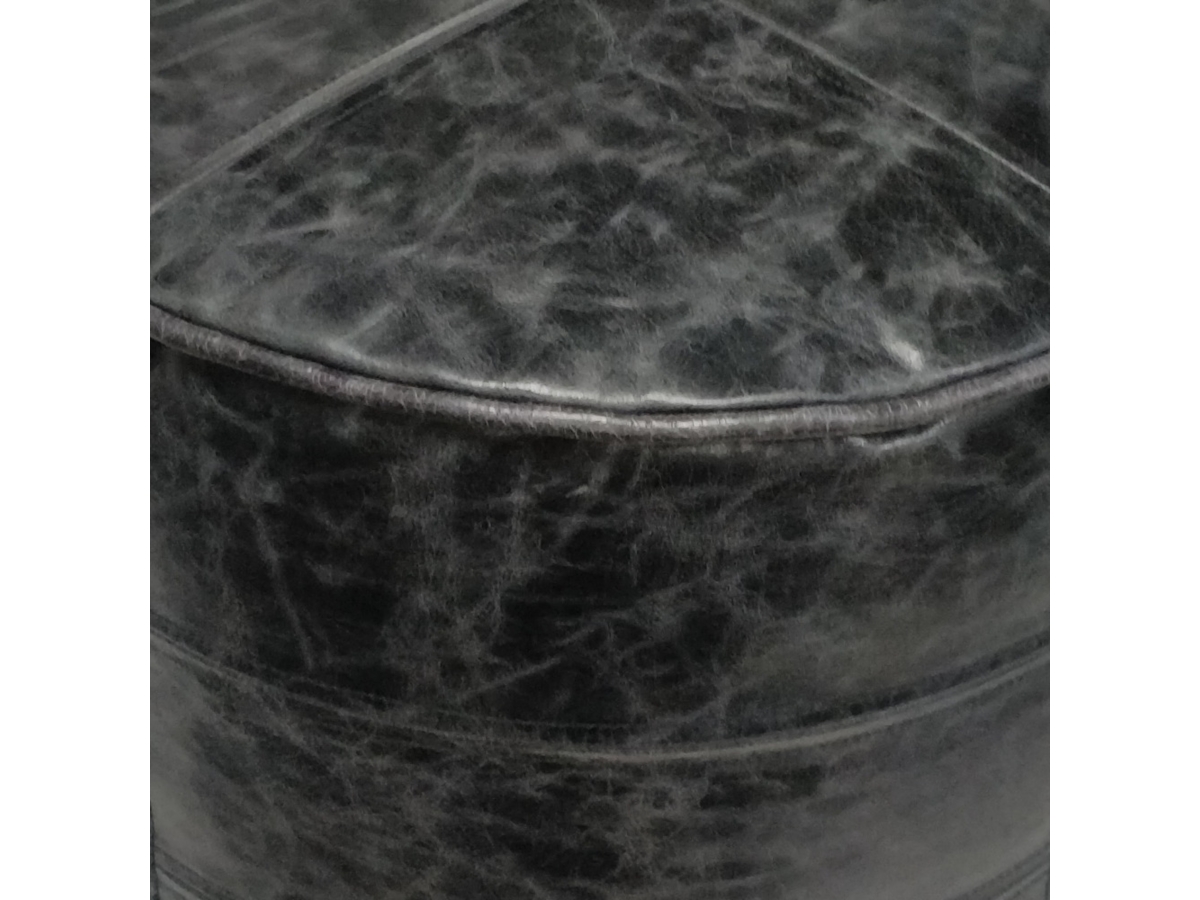 Simpli Home Connor Transitional Round Pouf in Distressed Black Leather, Black, large