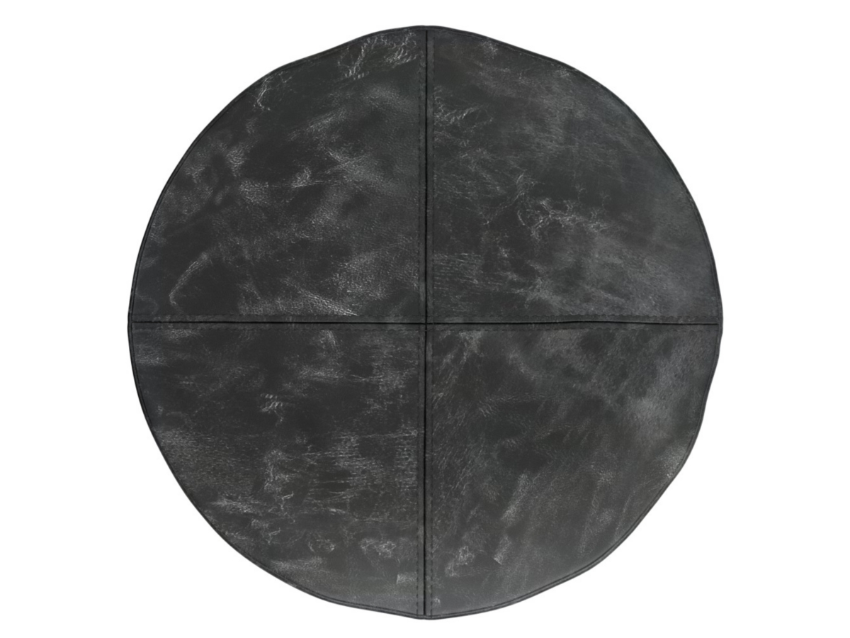 Simpli Home Connor Transitional Round Pouf in Distressed Black Leather, Black, large