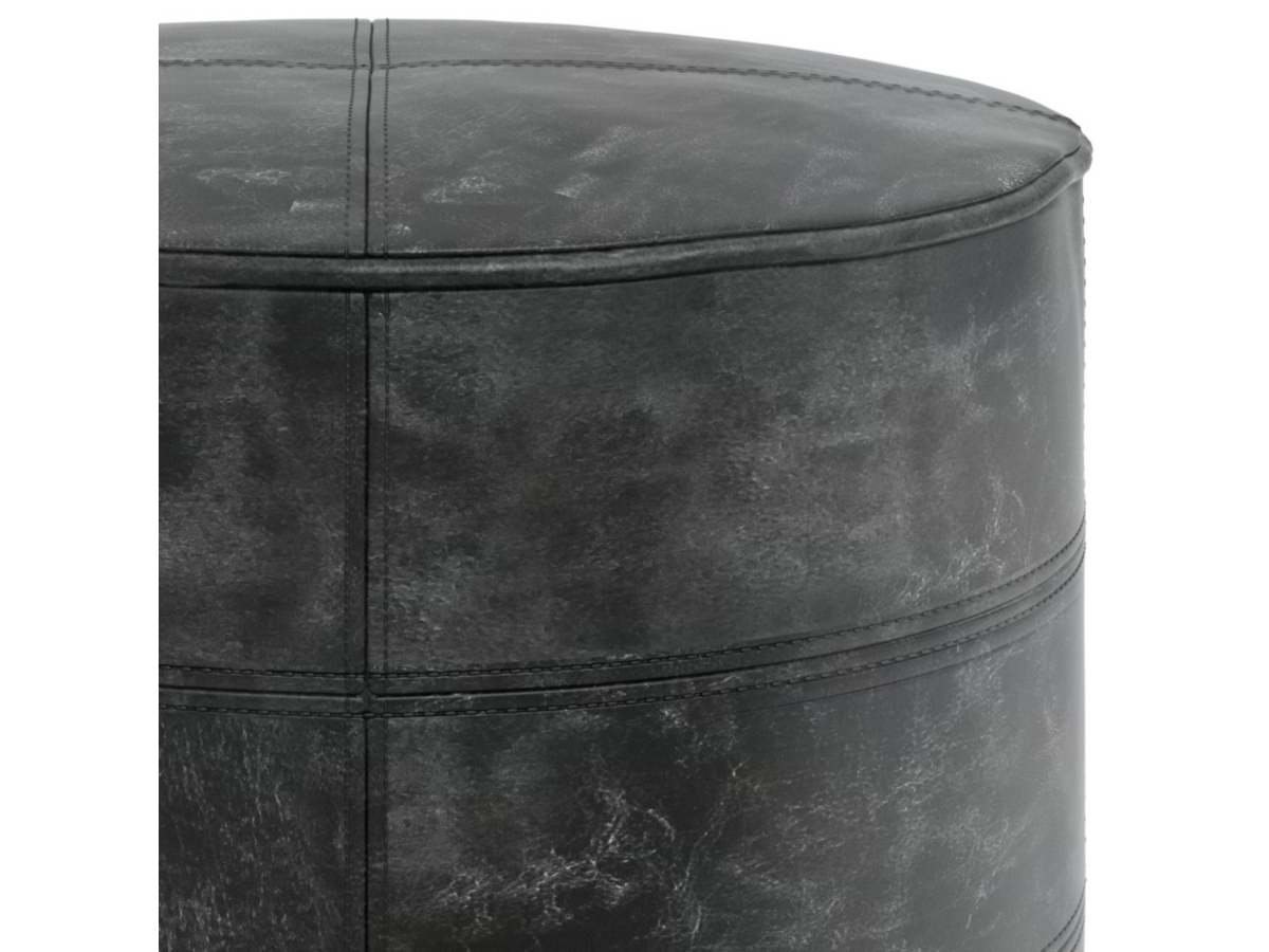 Simpli Home Connor Transitional Round Pouf in Distressed Black Leather, Black, large