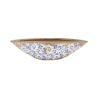 13” Tuscan Ceramic Blue Scroll Decorative Bowl, , large