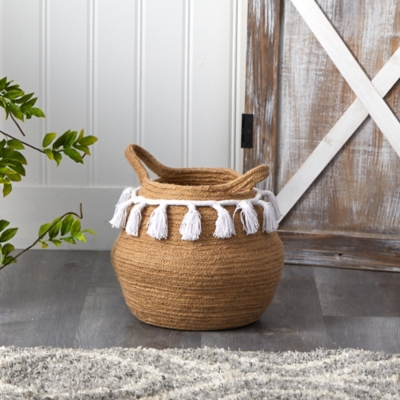 11 Boho Chic Handmade Natural Cotton Woven Planter with Tassels, Beige