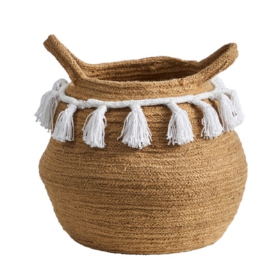 11” Boho Chic Handmade Natural Cotton Woven Planter with Tassels, , large