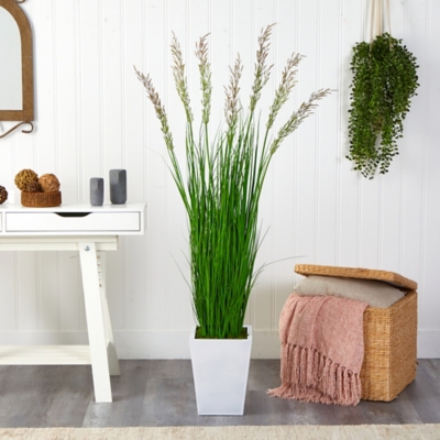 64 Wheat Grass Artificial Plant in White Metal Planter, Green