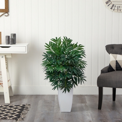 3 Bamboo Palm Artificial Plant in White Metal Planter, Green