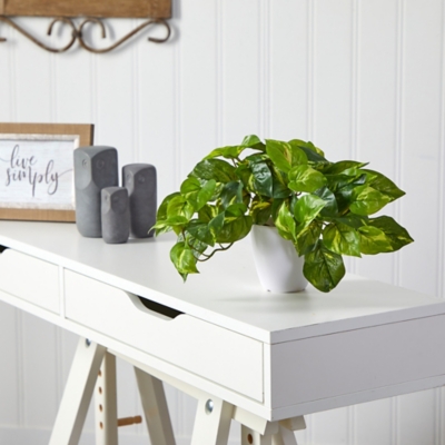 9 Pothos Artificial Plant in White Planter (Real Touch), Green