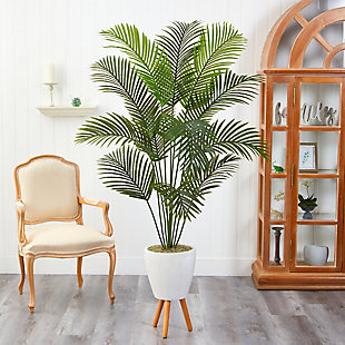 6.5’ Golden Cane Artificial Palm Tree in White Planter with Stand, , rollover