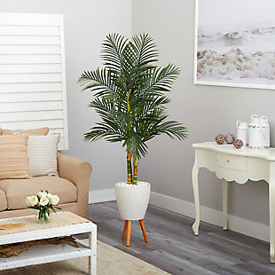 70” Golden Cane Artificial Palm Tree in White Planter with Stand, , rollover