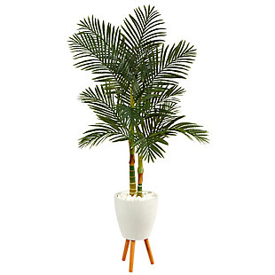 70” Golden Cane Artificial Palm Tree in White Planter with Stand, , large