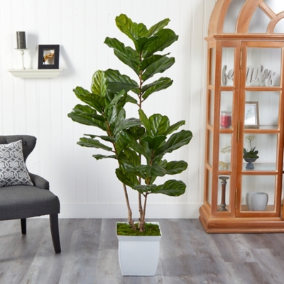 5.5 Fiddle Leaf Artificial Tree in White Metal Planter UV Resistant (Indoor/Outdoor), Green