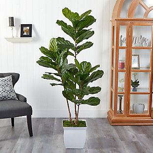 5.5’ Fiddle Leaf Artificial Tree in White Metal Planter UV Resistant (Indoor/Outdoor), , rollover