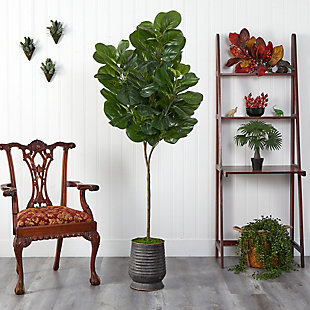 74” Fiddle leaf Fig Artificial Tree in Ribbed Metal Planter, , rollover