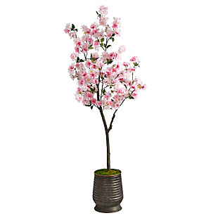 Enjoy the wonders of the majestic spring awakening with this Artificial Cherry Blossom Tree. Incredibly lifelike pink cherry blossom flowers adorn a slim, brown trunk in a rhythmic melody of pink foliage for a full look that will instantly transform your home into the best of Japan. The pink flowers have shades of white and are accented by green leaves for a feminine touch that softens spaces. Standing 5.5'  from a ribbed metal planter, curate in tight areas that want to feel pretty in pink. Perfect for bedrooms, bathrooms, awkward corners, or kitchen nooks.H: 5.5 ft. W: 23 in. D: 20 in | Incredibly lifelike faux cherry blossom tree | Bring pink foliage to spaces in need of life | Perfect for compact spaces | Housed in a ribbed metal planter