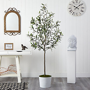 70” Olive Artificial Tree in White Tin Planter, , rollover