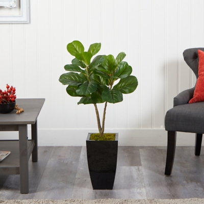 3 Fiddle Leaf Fig Artificial Tree in Black Metal Planter, Green