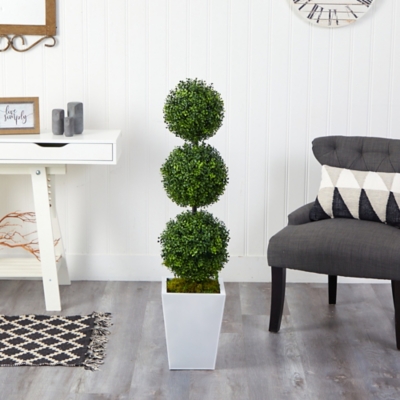 46” Boxwood Triple Ball Topiary Artificial Tree in White Metal Planter ...