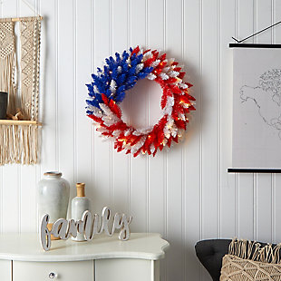 24” Patriotic Red, White and Blue "Americana" Wreath with 35 Warm LED Lights, , rollover