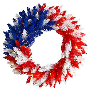 24” Patriotic Red, White and Blue "Americana" Wreath with 35 Warm LED Lights, , large