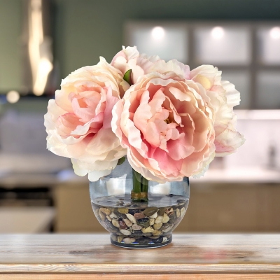 Peonies Floral Arrangement in Glass Vase, Pink