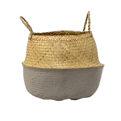 Beige And Gray Seagrass Folding Basket With Handles, , large