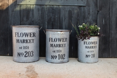 Storied Home Indoor/Outdoor Flower Market Buckets (Set of 3), Silver