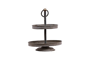 Visualize this two-tier tray in any room of the house. Bringing a rustic feel to your space with its weathered metal look, it's perfect for serving finger foods at your next garden party or storing potted succulents indoors. This tray is sure to add height and character to any surface.Made of metal | Weathered black finish | 2 open tier shelves | Wipe clean with a dry cloth | Indoor/outdoor | Assembly required
