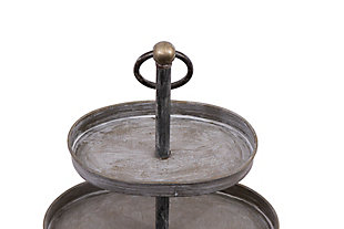 Visualize this two-tier tray in any room of the house. Bringing a rustic feel to your space with its weathered metal look, it's perfect for serving finger foods at your next garden party or storing potted succulents indoors. This tray is sure to add height and character to any surface.Made of metal | Weathered black finish | 2 open tier shelves | Wipe clean with a dry cloth | Indoor/outdoor | Assembly required