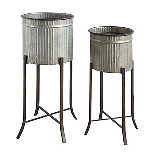 Grey Corrugated Metal Planters On Stands (set Of 2 Sizes), , rollover