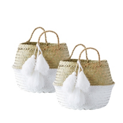 White Collapsible Palm Leaf Baskets With Tassels (set Of 2), , rollover