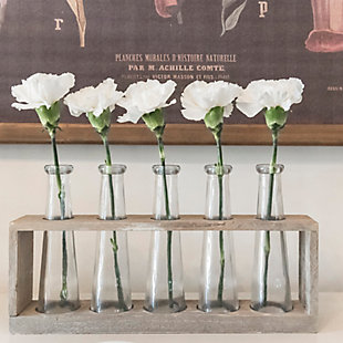 Distressed Gray Wood Vase Holder With 5 Glass Vases, , rollover