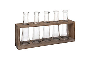 Distressed Gray Wood Vase Holder With 5 Glass Vases, , large