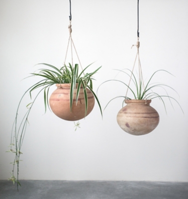 Large Hanging Clay Pot With Jute Hanger, , rollover