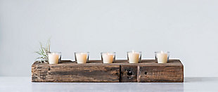 Reclaimed Wood Holder With 5 Clear Glass Votives, , rollover