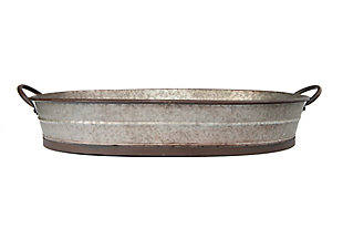Oval Distressed Galvanized Metal Tray With Handles, , large