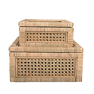 Cane and Rattan Display Boxes with Glass Lid (Set of 2), , large