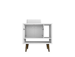 Refresh your bathroom or powder room space with the Liberty vanity. This vanity offers storage and style all at once. Beautiful splayed legs and detailed cabinet doors are seamless and versatile, easily blending with any interior design. Cabinet doors conceal shelving space to help arrange personal items, cleaning supplies and more, while a lower open shelf is great for tuc away extra toiletries, diffusers or candles. Open side storage stashes away extra supplies and displays towels, giving your bathroom that hotel feel.Freestanding vanity with sink for bathroom usage | White finish | Made with wood | Sink made with faux marble; vessel faucet installation type | Splayed legs made with solid wood for extra durability | Includes 2 open shelves for storage and 2 doors concealing water pipes | 90-degree open door style with soft-close features and ring cutout knobs with sleek lateral line indent design | Assembly required
