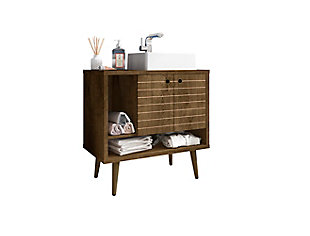 Refresh your bathroom or powder room space with the Liberty vanity. This vanity offers storage and style all at once. Beautiful splayed legs and detailed cabinet doors are seamless and versatile, easily blending with any interior design. Cabinet doors conceal shelving space to help arrange personal items, cleaning supplies and more, while a lower open shelf is great for tucking away extra toiletries, diffusers or candles. Open side storage stashes away extra supplies and displays towels, giving your bathroom that hotel feel.Freestanding vanity with sink for bathroom usage | Rustic brown finish | Made with wood | Sink made with faux marble; vessel faucet installation type | Splayed legs made with solid wood for extra durability | Includes 2 open shelves for storage and 2 doors concealing water pipes | 90-degree open door style with soft-close features and ring cutout knobs with sleek lateral line indent design | Assembly required