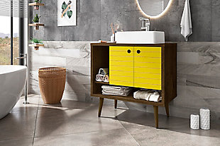 Refresh your bathroom or powder room space with the Liberty vanity. This vanity offers storage and style all at once. Beautiful splayed legs and detailed cabinet doors are seamless and versatile, easily blending with any interior design. Cabinet doors conceal shelving space to help arrange personal items, cleaning supplies and more, while a lower open shelf is great for tucking away extra toiletries, diffusers or candles. Open side storage stashes away extra supplies and displays towels, giving your bathroom that hotel feel.Freestanding vanity with sink for bathroom usage | Yellow and rustic brown finish | Made with wood | Sink made with faux marble; vessel faucet installation type | Splayed legs made with solid wood for extra durability | Includes 2 open shelves for storage and 2 doors concealing water pipes | 90-degree open door style with soft-close features and ring cutout knobs with sleek lateral line indent design | Assembly required