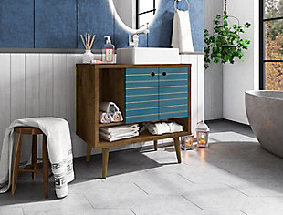 Refresh your bathroom or powder room space with the Liberty vanity. This vanity offers storage and style all at once. Beautiful splayed legs and detailed cabinet doors are seamless and versatile, easily blending with any interior design. Cabinet doors conceal shelving space to help arrange personal items, cleaning supplies and more, while a lower open shelf is great for tucking away extra toiletries, diffusers or candles. Open side storage stashes away extra supplies and displays towels, giving your bathroom that hotel feel.Freestanding vanity with sink for bathroom usage | Aqua blue and rustic brown finish | Made with wood | Sink made with faux marble; vessel faucet installation type | Splayed legs made with solid wood for extra durability | Includes 2 open shelves for storage and 2 doors concealing water pipes | 90-degree open door style with soft-close features and ring cutout knobs with sleek lateral line indent design | Assembly required