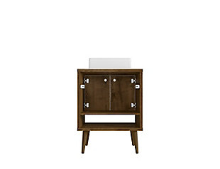 Spruce up your powder room or master bath with the Liberty bathroom sink vanity. The vanity offers storage, style and seamlessly tucks away all your essentials to transform your space into a hotel- or spa-like bathroom. Detailed doors conceal storage shelves that help tuck away toiletries, tissues or cleaning supplies, while a lower open shelf offers a display area for rolled hand towels, bathrobes and beyond.Freestanding vanity with sink for bathroom usage | Rustic brown finish | Made with wood | Sink made with faux marble; vessel faucet installation type | Splayed legs made with solid wood for extra durability | Includes 1 open lower shelf for storage and 2 doors concealing water pipes | 90-degree open door style with soft-close features and ring cutout knobs with sleek lateral line indent design | Assembly required