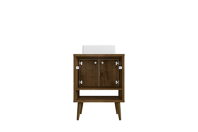 Spruce up your powder room or master bath with the Liberty bathroom sink vanity. The vanity offers storage, style and seamlessly tucks away all your essentials to transform your space into a hotel- or spa-like bathroom. Detailed doors conceal storage shelves that help tuck away toiletries, tissues or cleaning supplies, while a lower open shelf offers a display area for rolled hand towels, bathrobes and beyond.Freestanding vanity with sink for bathroom usage | Rustic brown finish | Made with wood | Sink made with faux marble; vessel faucet installation type | Splayed legs made with solid wood for extra durability | Includes 1 open lower shelf for storage and 2 doors concealing water pipes | 90-degree open door style with soft-close features and ring cutout knobs with sleek lateral line indent design | Assembly required
