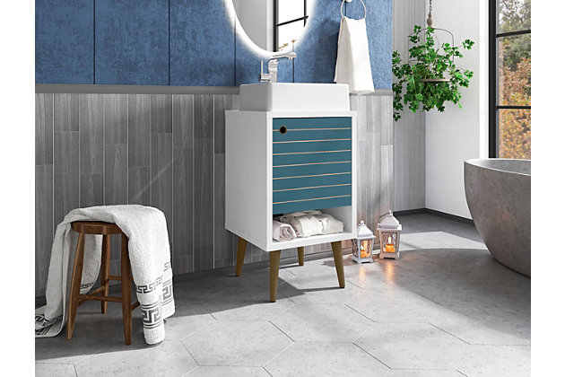 Transform the master bath or powder room into a hotel- or spa-like space that isn’t boring or fussy. The Liberty vanity offers storage, style and mid-century modern design elements to take your bathroom to the next level while keeping it clean and streamlined. Concealed storage is perfect for tucking away toiletries, tissues, diffusers and beyond, while lower open shelving provides additional display and storage space. Splayed legs and intricate lines keep this piece fresh and interesting.Freestanding vanity with sink for bathroom usage | White and aqua blue finish | Made with wood | Sink made with faux marble; vessel faucet installation type | Splayed legs made with solid wood for extra durability | Includes 1 open lower shelf for storage and 1 door concealing water pipes | 90-degree open door style with soft-close features and ring cutout knobs with sleek lateral line indent design | Assembly required