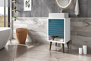 Transform the master bath or powder room into a hotel- or spa-like space that isn’t boring or fussy. The Liberty vanity offers storage, style and mid-century modern design elements to take your bathroom to the next level while keeping it clean and streamlined. Concealed storage is perfect for tucking away toiletries, tissues, diffusers and beyond, while lower open shelving provides additional display and storage space. Splayed legs and intricate lines keep this piece fresh and interesting.Freestanding vanity with sink for bathroom usage | White and aqua blue finish | Made with wood | Sink made with faux marble; vessel faucet installation type | Splayed legs made with solid wood for extra durability | Includes 1 open lower shelf for storage and 1 door concealing water pipes | 90-degree open door style with soft-close features and ring cutout knobs with sleek lateral line indent design | Assembly required
