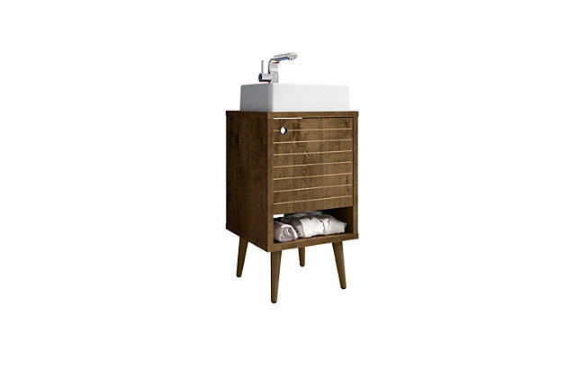 Transform the master bath or powder room into a hotel- or spa-like space that isn’t boring or fussy. The Liberty vanity offers storage, style and mid-century modern design elements to take your bathroom to the next level while keeping it clean and streamlined. Concealed storage is perfect for tucking away toiletries, tissues, diffusers and beyond, while lower open shelving provides additional display and storage space. Splayed legs and intricate lines keep this piece fresh and interesting.Freestanding vanity with sink for bathroom usage | Rustic brown finish | Made with wood | Sink made with faux marble; vessel faucet installation type | Splayed legs made with solid wood for extra durability | Includes 1 open lower shelf for storage and 1 door concealing water pipes | 90-degree open door style with soft-close features and ring cutout knobs with sleek lateral line indent design | Assembly required