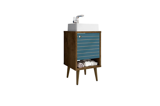 Transform the master bath or powder room into a hotel- or spa-like space that isn’t boring or fussy. The Liberty vanity offers storage, style and mid-century modern design elements to take your bathroom to the next level while keeping it clean and streamlined. Concealed storage is perfect for tucking away toiletries, tissues, diffusers and beyond, while lower open shelving provides additional display and storage space. Splayed legs and intricate lines keep this piece fresh and interesting.Freestanding vanity with sink for bathroom usage | Rustic brown and aqua blue finish | Made with wood | Sink made with faux marble; vessel faucet installation type | Splayed legs made with solid wood for extra durability | Includes 1 open lower shelf for storage and 1 door concealing water pipes | 90-degree open door style with soft-close features and ring cutout knobs with sleek lateral line indent design | Assembly required