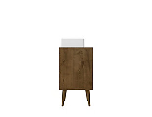 Transform the master bath or powder room into a hotel- or spa-like space that isn’t boring or fussy. The Liberty vanity offers storage, style and mid-century modern design elements to take your bathroom to the next level while keeping it clean and streamlined. Concealed storage is perfect for tucking away toiletries, tissues, diffusers and beyond, while lower open shelving provides additional display and storage space. Splayed legs and intricate lines keep this piece fresh and interesting.Freestanding vanity with sink for bathroom usage | Rustic brown and aqua blue finish | Made with wood | Sink made with faux marble; vessel faucet installation type | Splayed legs made with solid wood for extra durability | Includes 1 open lower shelf for storage and 1 door concealing water pipes | 90-degree open door style with soft-close features and ring cutout knobs with sleek lateral line indent design | Assembly required