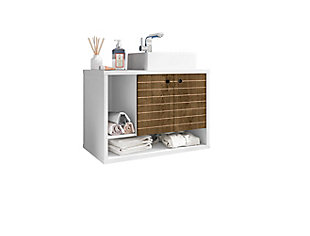 Refresh your bathroom or powder room with the Liberty vanity. This vanity offers storage and style all at once. Beautiful splayed legs and detailed cabinet doors are seamless and versatile, easily blending with any interior design. Cabinet doors conceal shelving space to help arrange personal items, cleaning supplies and more, while a lower open shelf is great for tucking away additional items. Open side storage stashes away extra supplies and displays towels, giving your bathroom that hotel feel.Floating/wall-mounted vanity with sink for bathroom usage | White and rustic brown finish | Made with wood | Sink made with faux marble; vessel faucet installation type | Includes optional splayed legs made with solid wood for extra durability | Includes 2 open shelves for storage and 2 doors concealing water pipes | 90-degree open door style with soft-close features and ring cutout knobs with sleek lateral line indent design | Assembly required