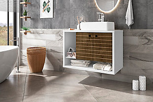 Refresh your bathroom or powder room with the Liberty vanity. This vanity offers storage and style all at once. Beautiful splayed legs and detailed cabinet doors are seamless and versatile, easily blending with any interior design. Cabinet doors conceal shelving space to help arrange personal items, cleaning supplies and more, while a lower open shelf is great for tucking away additional items. Open side storage stashes away extra supplies and displays towels, giving your bathroom that hotel feel.Floating/wall-mounted vanity with sink for bathroom usage | White and rustic brown finish | Made with wood | Sink made with faux marble; vessel faucet installation type | Includes optional splayed legs made with solid wood for extra durability | Includes 2 open shelves for storage and 2 doors concealing water pipes | 90-degree open door style with soft-close features and ring cutout knobs with sleek lateral line indent design | Assembly required