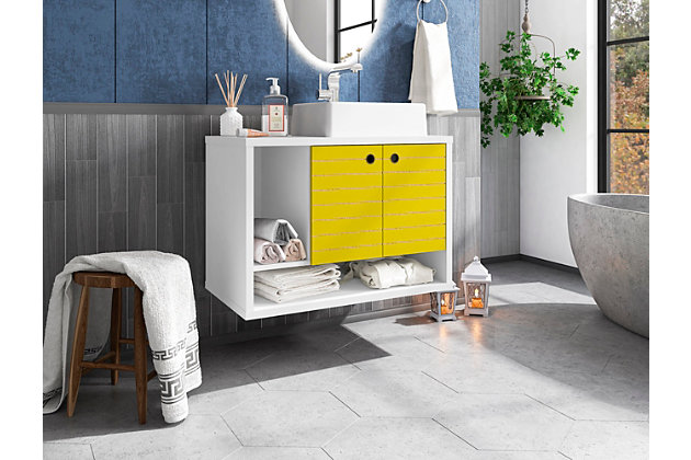 Refresh your bathroom or powder room with the Liberty vanity. This vanity offers storage and style all at once. Beautiful splayed legs and detailed cabinet doors are seamless and versatile, easily blending with any interior design. Cabinet doors conceal shelving space to help arrange personal items, cleaning supplies and more, while a lower open shelf is great for tucking away additional items. Open side storage stashes away extra supplies and displays towels, giving your bathroom that hotel feel.Floating/wall-mounted vanity with sink for bathroom usage | White and yellow finish | Made with wood | Sink made with faux marble; vessel faucet installation type | Includes optional splayed legs made with solid wood for extra durability | Includes 2 open shelves for storage and 2 doors concealing water pipes | 90-degree open door style with soft-close features and ring cutout knobs with sleek lateral line indent design | Assembly required