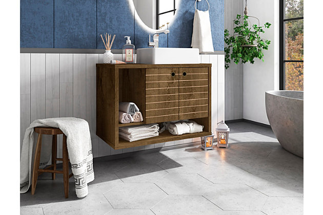 Refresh your bathroom or powder room with the Liberty vanity. This vanity offers storage and style all at once. Beautiful splayed legs and detailed cabinet doors are seamless and versatile, easily blending with any interior design. Cabinet doors conceal shelving space to help arrange personal items, cleaning supplies and more, while a lower open shelf is great for tucking away additional items. Open side storage stashes away extra supplies and displays towels, giving your bathroom that hotel feel.Floating/wall-mounted vanity with sink for bathroom usage | Rustic brown finish | Made with wood | Sink made with faux marble; vessel faucet installation type | Includes optional splayed legs made with solid wood for extra durability | Includes 2 open shelves for storage and 2 doors concealing water pipes | 90-degree open door style with soft-close features and ring cutout knobs with sleek lateral line indent design | Assembly required